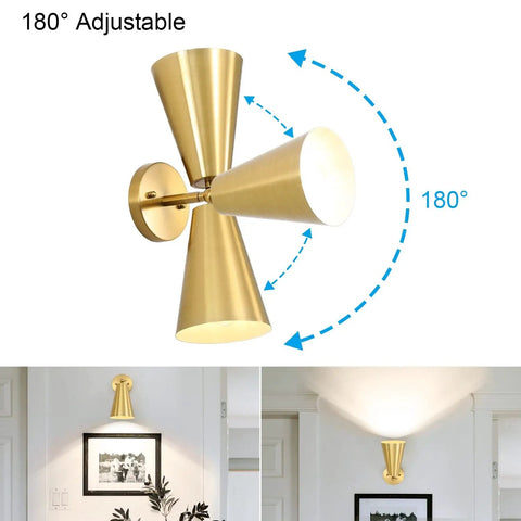 Gold Wall Sconces Set Of Two, 180 Degree Adjustable Mid Century Modern Sconce Lighting with dual cone design on gallery wall
