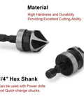 Two 1/4-inch hex-shank countersink drill bits (12/16/19 mm) for wood and metal