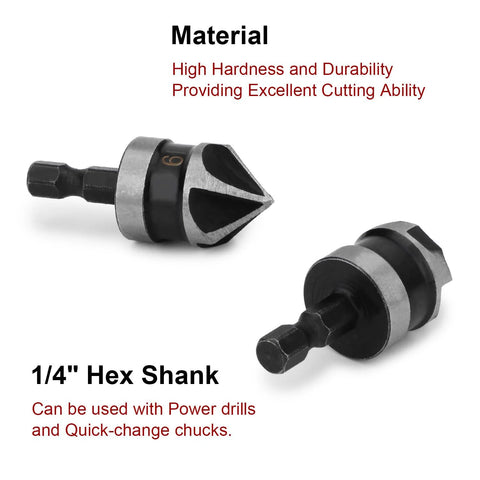 Two 1/4-inch hex-shank countersink drill bits (12/16/19 mm) for wood and metal