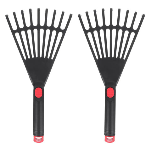 Two Piece Plastic Garden Pitchfork Rake Set With Leaf Grabber Claws, durable, weather resistant, ideal for lawn cleanup, black.