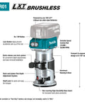Diagram of 18V LXT Cordless Compact Router With Brushless Motor 1/4 In Collet Variable Speed 10000-30000 RPM detailing features