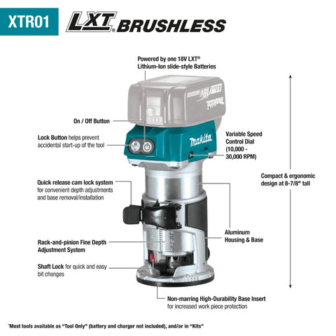 Diagram of 18V LXT Cordless Compact Router With Brushless Motor 1/4 In Collet Variable Speed 10000-30000 RPM detailing features