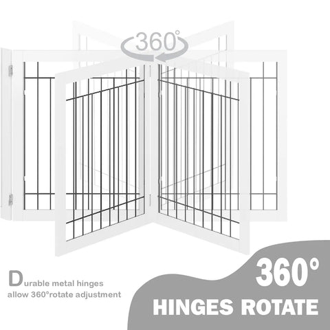 Ultra Wide 96 Inch Dog Gate With Walk Through Door, Freestanding Wire Pet Gate, white, showing 360-degree rotating hinges.