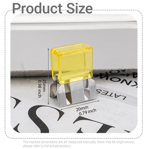Close-up of 20 Pairs Quick Fix Hem Clips and Reusable Clamps for Pants, Paper and Window Ventilation, with size dimensions shown.