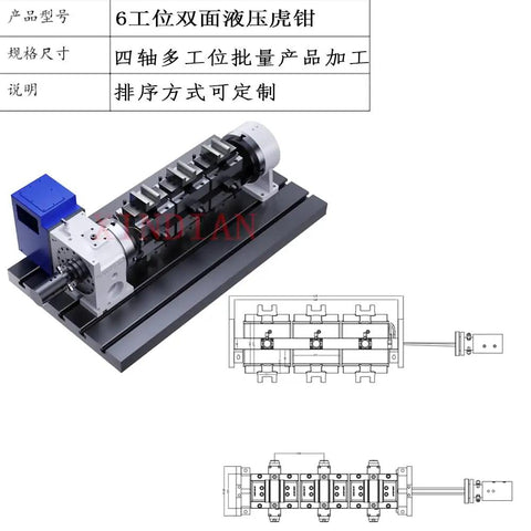 Rock Solid Six Position Double Sided Hydraulic Vise Featuring Fast Clamp Self Centering Jaws And Fully Customizable Piece Sorting For Big Time Cnc Milling Operations And Factory Floor Jobs, showing six post hydraulic setup with adjustable clamps.