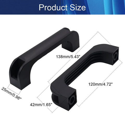 Black Plastic Pull Handles for Cabinets and Cupboards, 5.43 Inches Long, 0.98 Inches Wide, 1.65 Inches High, showing dimensions.