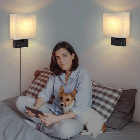 Bedside Wall Lamp Set Of 2 Plug In Sconce Lights With USB Charging Ports And AC Outlet Brushed Nickel Modern Wall Sconces for Bedroom