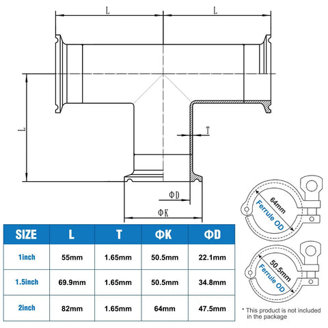 Diagram of a 1 Inch Tri Clamp Tee 3 Way Sanitary Fitting Stainless Steel 304 Equal Tee for 25mm Tube OD with size chart