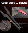 Newbie Blacksmith Tongs Kit With Five Types For Forge Work include close-up of Rapid Scroll Tongs and red-hot metal detail