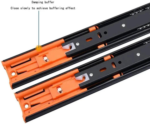 Damping buffer detail on Two Piece Drawer Slides With Full Extension And Smooth Metal Ball Bearing Runners For Quiet Soft Close Cabinets Built To Last Cold Rolled Steel With Electrophoretic Black Finish And Smooth Glide No Fuss Install
