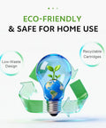 Eco-friendly icon with a lightbulb featuring a plant and globe, surrounded by a recycling symbol, promoting recyclable cartridges.