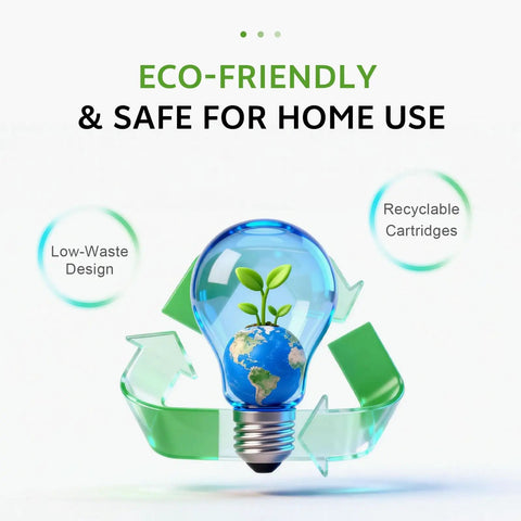 Eco-friendly icon with a lightbulb featuring a plant and globe, surrounded by a recycling symbol, promoting recyclable cartridges.