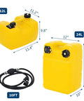 Beefy Portable Tank With Line For Generators And Marine Use 6.34 Gallon 24 L, yellow tank with hose and dimensions shown
