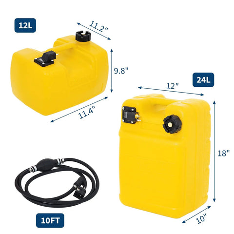 Beefy Portable Tank With Line For Generators And Marine Use 6.34 Gallon 24 L, yellow tank with hose and dimensions shown