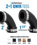 2 Inch Flexible PVC DWV 90 Degree Elbow With Optional 1.5 Inch Reducer Bushing For Cast Iron Steel And Plastic Pipe Connections Perfect For Drain Fix And Reno Jobs Long Reach Pro Approved, shown in 2 in. and 1 1/2 in. sizes