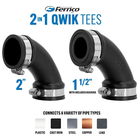 2 Inch Flexible PVC DWV 90 Degree Elbow With Optional 1.5 Inch Reducer Bushing For Cast Iron Steel And Plastic Pipe Connections Perfect For Drain Fix And Reno Jobs Long Reach Pro Approved, shown in 2 in. and 1 1/2 in. sizes
