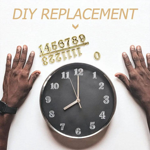 Easy Diy Clock Numeral Kit Three Sets Replacement Dial Numbers For Wall Clocks With Arabic Numerals Measuring 5.23 By 2.28 Inches In Black Silver And Gold For Quick Repair And Stylish Home Decor with hands beside clock.