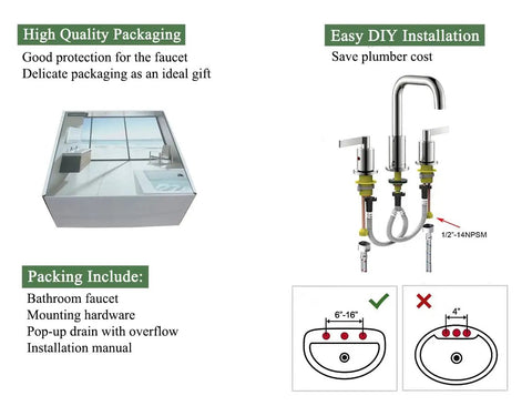 Chrome 8 Inch Widespread Bathroom Sink Faucet With Drain Assembly, installation guide, packaging, and included components