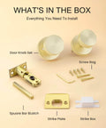 Brushed Gold Privacy Door Knobs Set showing components: knobs, latch, screws, strike plate and box for bedroom and bathroom installation.