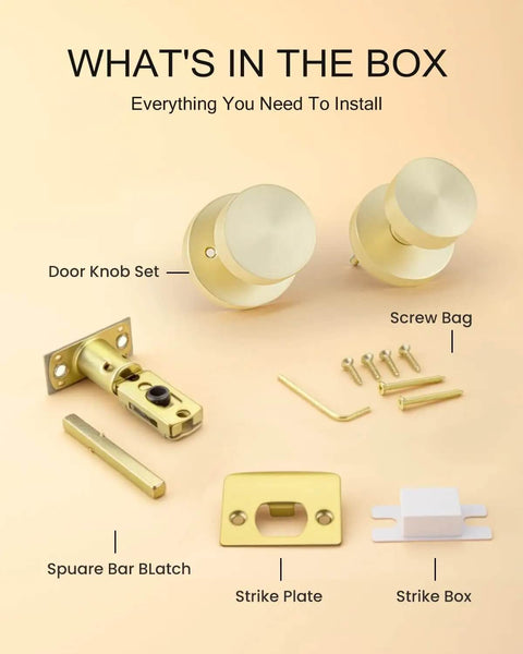 Brushed Gold Privacy Door Knobs Set showing components: knobs, latch, screws, strike plate and box for bedroom and bathroom installation.