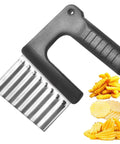 Side view of crinkle-cutter knife with stainless-steel blade and black plastic handle for vegetables