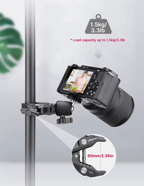 Beefy Clamp Mount With 360 Degree Ball Head For Action Cameras And DSLRs 3.3 lb Load Capacity Aluminum Alloy Construction in use