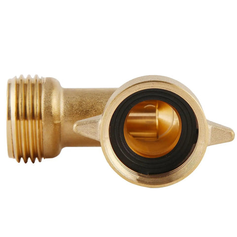 Close-up of 90 Degree Hose Elbow For RVs With Solid Brass Construction And Swivel Easy Grip Connector Delivers A No Fuss Fit