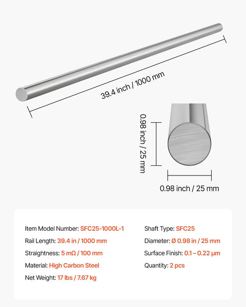 Diagram of Two Pack 25 Mm By 1000 Mm Linear Motion Rods Carbon Steel Shafts Anti Rust Finish Heavy Duty for industrial use