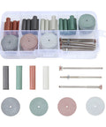 All In One Rotary Tool Polishing Wheels Kit Pro Grade with 40 silicone rubber buffing wheels, 6 mandrel shanks, 3 spindle handles