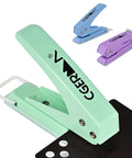 Heavy Duty 3 Pack One Quarter Inch Hole Puncher With 50 Percent Labor Savings, durable metal punch for ID cards and crafts, shown in use