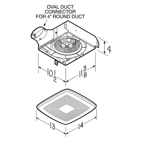Energy Star Certified LP110 Bath Fan Delivers 110 CFM Quiet 1.5 Sones for bathrooms up to 105 sq ft with duct dimensions diagram