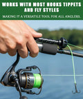 Magnetic Fly Fishing Threader No Fuss Tippet Tool for small flies in use, angler holding fishing rod by a lake, precise line threading.