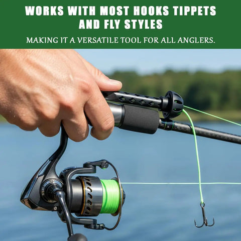 Magnetic Fly Fishing Threader No Fuss Tippet Tool for small flies in use, angler holding fishing rod by a lake, precise line threading.