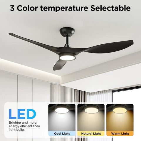 52 Inch Black Ceiling Fan With Lights Remote Control Whisper Quiet DC Motor Reversible Six Speeds Timers 3 CCT