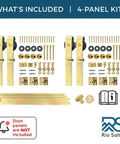 Gold Bi Fold Barn Door Hardware Kit with Heavy Duty Metal Track System and Matching Knobs, 4 panel kit components shown