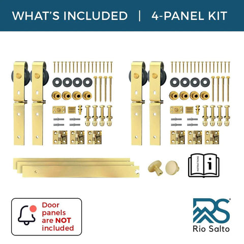 Gold Finish Bifold Barn Door Hardware Kit For 64 Inch Closet Pro Grade Heavy Gauge Aluminum Sliding Bi Fold Track System For Four 15 Inch Panels Includes Four Rollers And Matching Knobs Hardware Only