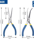 6 Inch Mini Needle Nose Pliers With Comfort Grip For Handmade Jewelry Crafting 2 Pack Long Nose Pliers Set For DIY Projects Durable Drop Forged Carbon Steel Hand Tools, showing straight and 45-degree angled blue-handled pliers with size measurements.