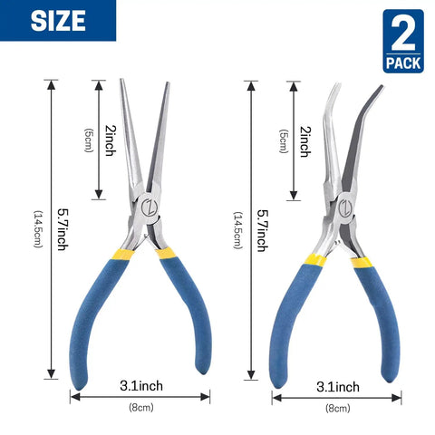 6 Inch Mini Needle Nose Pliers With Comfort Grip For Handmade Jewelry Crafting 2 Pack Long Nose Pliers Set For DIY Projects Durable Drop Forged Carbon Steel Hand Tools, showing straight and 45-degree angled blue-handled pliers with size measurements.