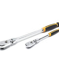Two Piece Ratchet Set With One Quarter And Three Eighth Inch Drives 90 Tooth Cushion Grip Flex Head Teardrop Low Profile Design