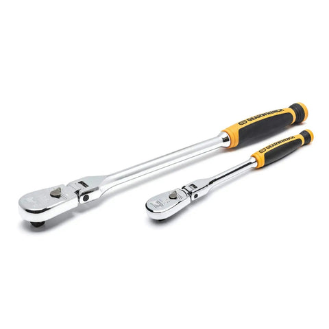 Two Piece Ratchet Set With One Quarter And Three Eighth Inch Drives 90 Tooth Cushion Grip Flex Head Teardrop Low Profile Design