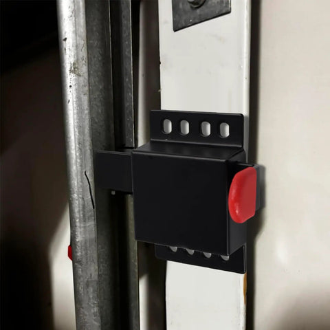 Close-up of Heavy Duty Built Tough Matte Black Garage Door Lock Kit With Inside Deadbolt Security Side Lock installed on garage door