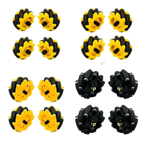 Mecanum omni wheels set; yellow/black high-hardness plastic, 6mm hubs, four sizes (48/60/80/97mm), 16 wheels shown