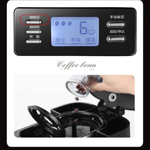 Digital display of Next Level Drip Coffee Maker With Built In Grinder showing settings and beans being added.