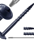 Close-up of pocket hole screws size eight by one and a half inch, carbon steel blue washer head, square drive bit included.
