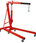 Badass Two Ton Folding Hydraulic Engine Hoist Cherry Picker Shop Crane with red steel frame and swivel casters for easy maneuverability.