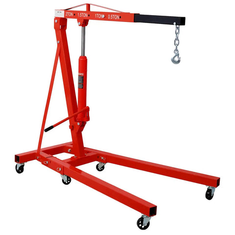 Badass Two Ton Folding Hydraulic Engine Hoist Cherry Picker Shop Crane with red steel frame and swivel casters for easy maneuverability.