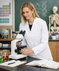 Woman in lab wearing Unisex Consultation Lab Coat With Breathable Cotton Blend Twill Pro Grade Durable Medical Jacket