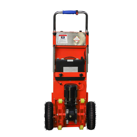 High Capacity Rechargeable Battery For RXFSP Electric Stair Climbing Hand Truck Dolly With Matching Charger Black Power Pack visible on red dolly