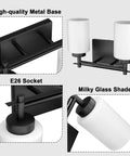 Close-up of Two Light Black Vanity Sconces, Dope Industrial Style Bathroom Lighting Fixture with Milky Glass Shades, E26 Socket