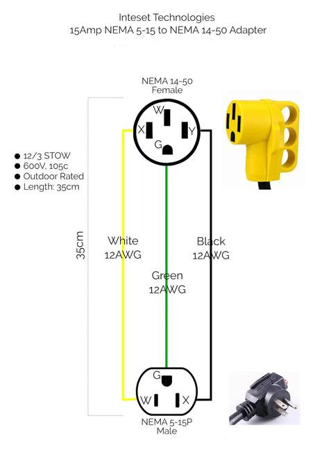 Nema 14-50 To 5-15P EV Charger Adapter Cord diagram showing 12 inch cable details and electrical specifications.